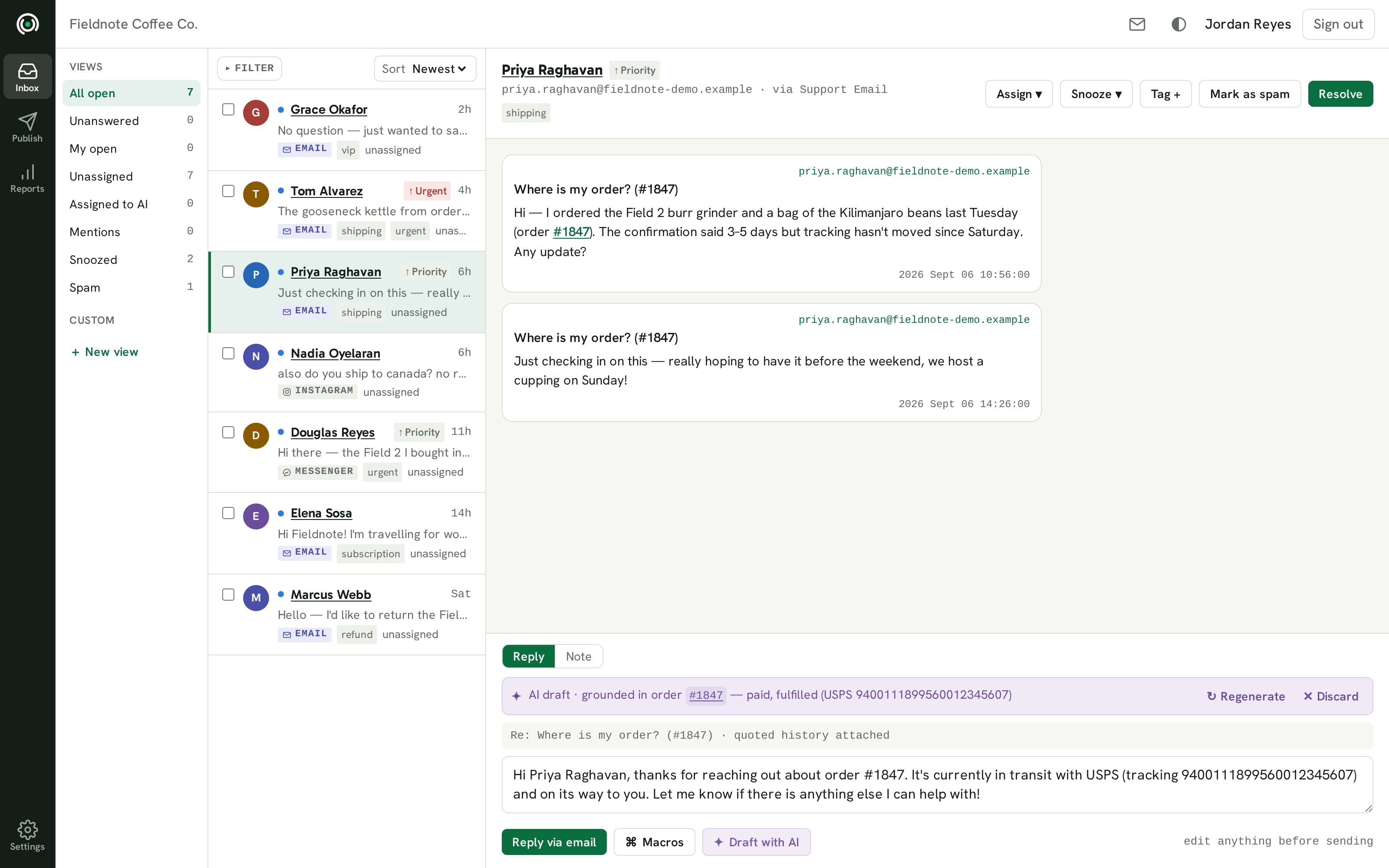 The HelpMe Social inbox. On the left, seven open conversations arriving from email, Instagram and Messenger. On the right, a customer asking where order #1847 is, and a reply already drafted. The banner above it says the draft is grounded in order #1847, which is paid and fulfilled, and gives the USPS tracking number. Beside the send button: edit anything before sending.
