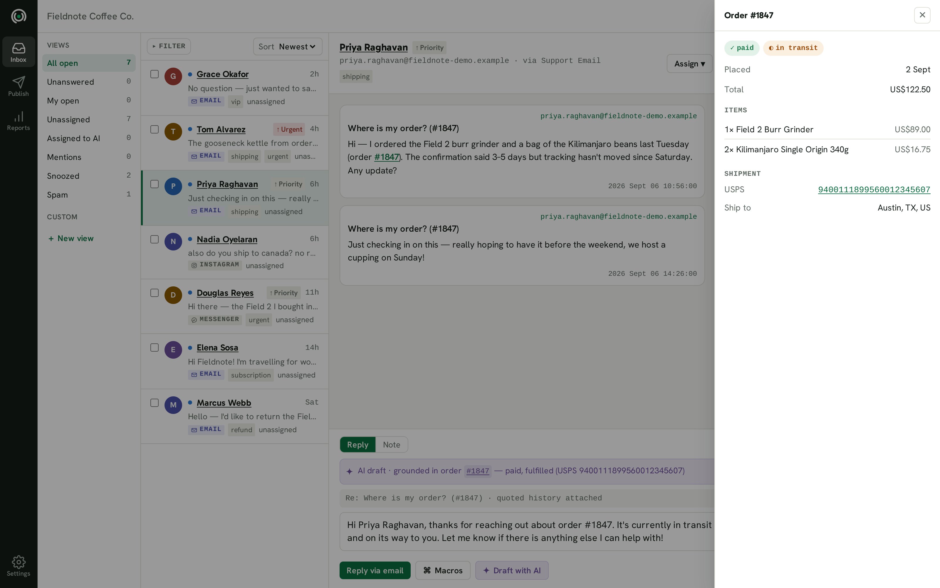 A customer asks where order #1847 is. The reply box shows an AI draft labelled as grounded in order #1847, which is paid and fulfilled, with a USPS tracking number. A panel on the right shows order #1847: paid and in transit, placed 2 September, total US$122.50, one Field 2 Burr Grinder and two bags of Kilimanjaro Single Origin, shipping to Austin, Texas.